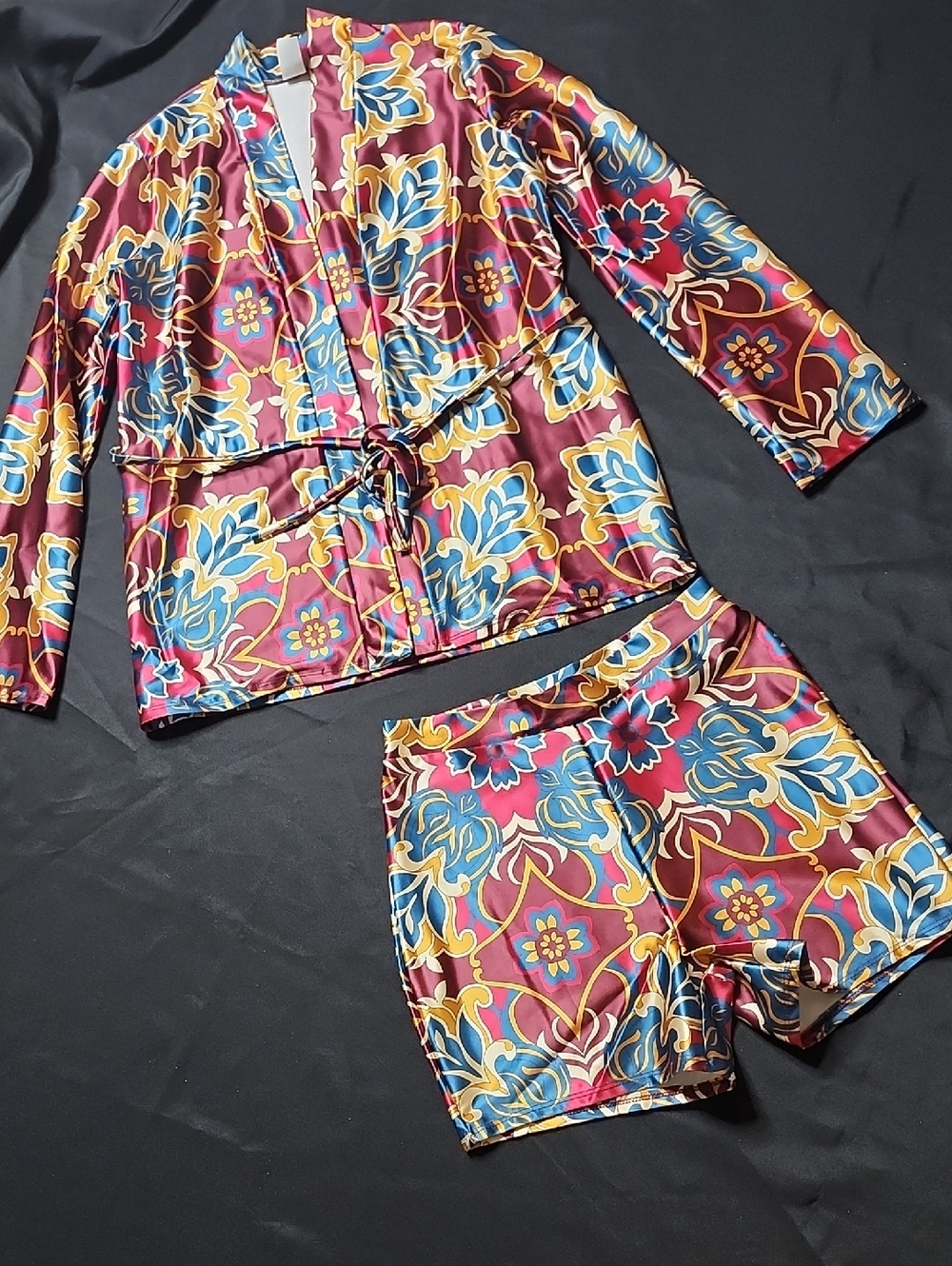 UpTown Women's Burgundy Floral Satin Short Set with Drawstring Waist
